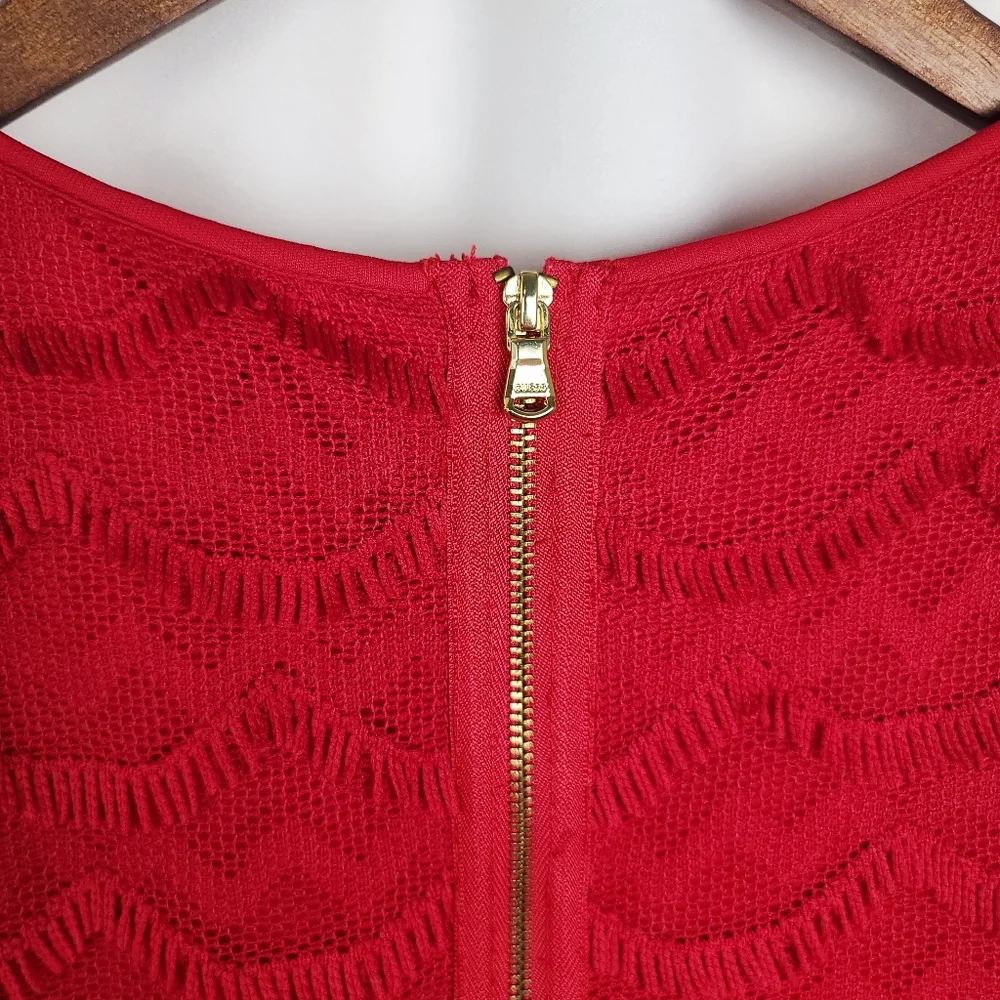 GUESS Red Scalloped Crochet Lace Fringe Cocktail Dress – Size 12 - Picture 7 of 13